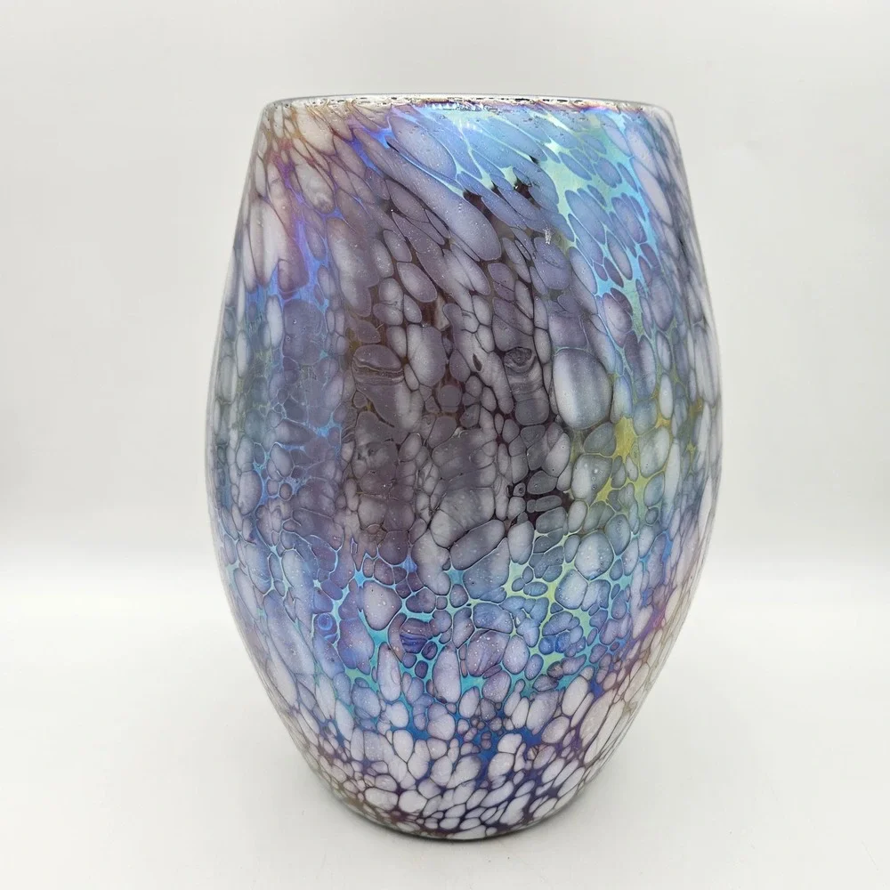 Purple Handblown Art Glass Vase Iridescent Confetti Splatter Large 9.5